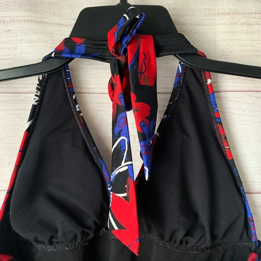 Catalina Floral Halter Tankini Swimsuit Top Red White Blue Size S (4-6)